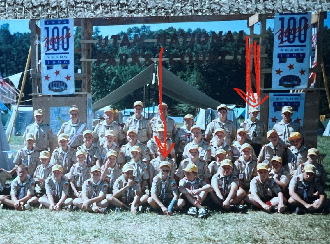 Utah National Parks Council troop at the 1997 National Scout Jamboree, with hand-drawn arrows marking Spencer and Blake