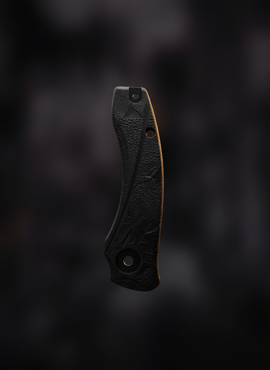 3D-printed knife scales and pistol grip panels with custom textures on a workbench at Merit3D.