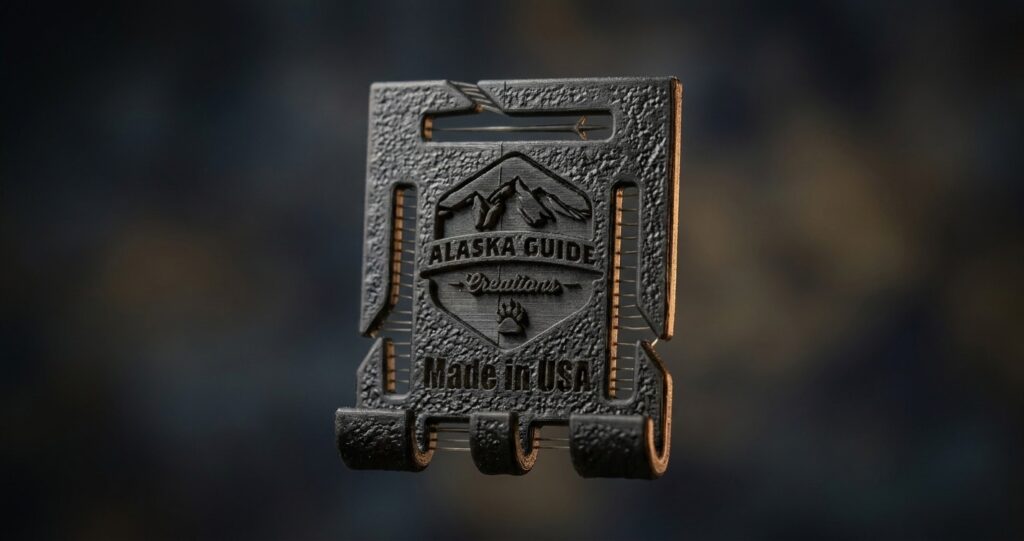 A 3D-printed bow belt-clip made by Merit3D for Alaska Guide Creations — Alaska Guide logo and grip texture printed directly into the SLA resin part.