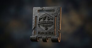 A 3D-printed bow belt-clip made by Merit3D for Alaska Guide Creations — Alaska Guide logo and grip texture printed directly into the SLA resin part.