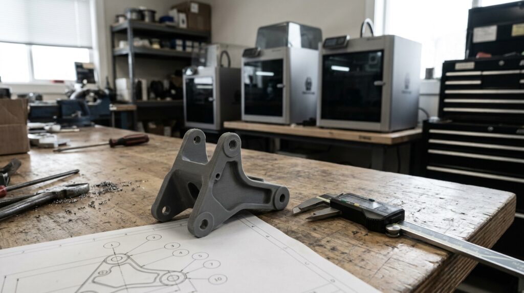 A 3D-printed gray polymer mechanical bracket with mounting holes on an engineer's workbench, with digital calipers and a technical drawing beside it — designing for additive manufacturing review.