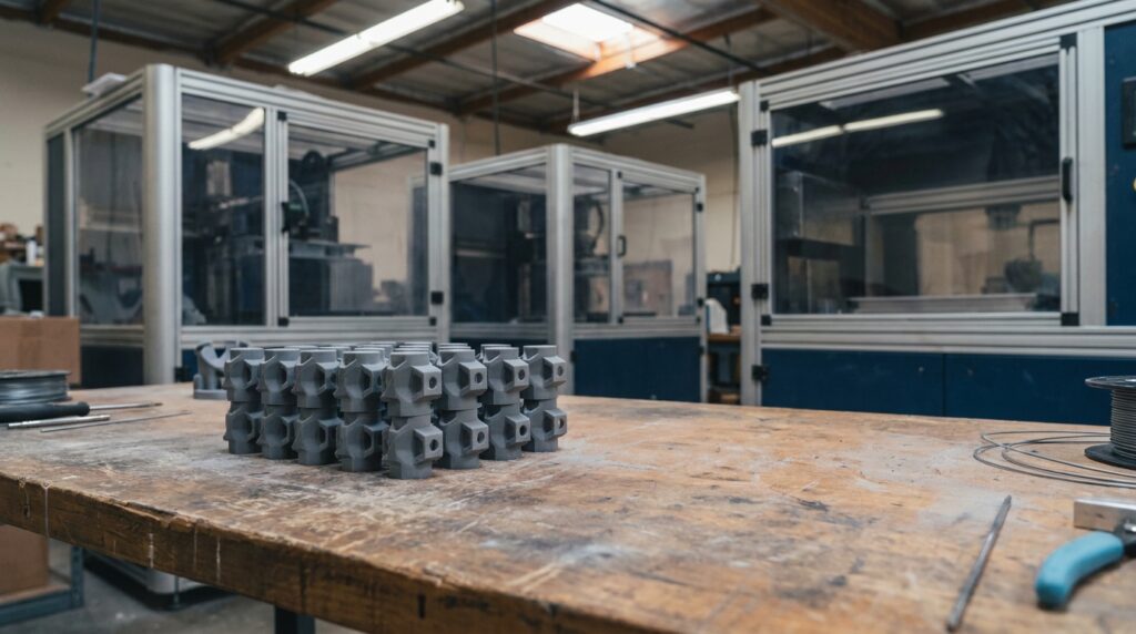 A neat stack of identical gray polymer 3D-printed parts on an industrial workbench, with additive manufacturing equipment in the background — production volume without injection mold tooling.