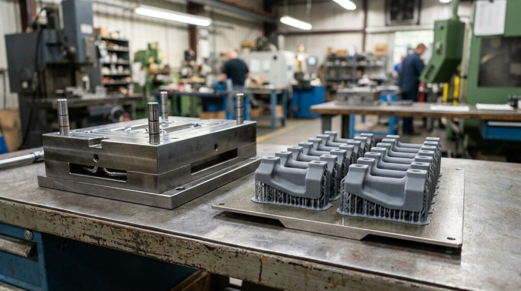 A steel injection mold half on a workbench beside an additive build plate of freshly printed nylon parts under shop lighting.