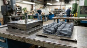 A steel injection mold half on a workbench beside an additive build plate of freshly printed nylon parts under shop lighting.