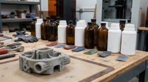 A row of 3D printing resin bottles and cured color sample coupons on a workbench, with a finished printed part in the foreground.