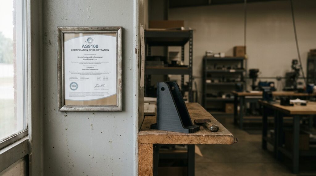 An AS9100 certification plaque next to a 3D-printed aerospace bracket — what the Aires Tide milestone actually depends on downstream.