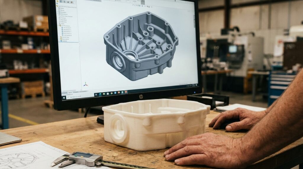 An engineer's hands, a CAD housing on screen, and a printed nylon part on the desk — the moment DfAM thinking meets the CAD file.
