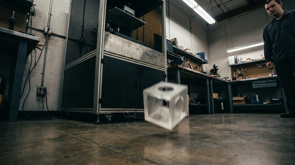 A printed test part mid-bounce on the Merit3D shop floor — the drop-test filter that runs before any datasheet review.