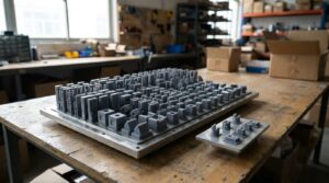 A large industrial LCD build plate and a small desktop SLA build plate side by side — the scale contrast that defines the industrial-vs-desktop tier.