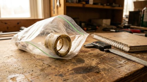 A worn plastic bushing in a clear zip bag on a workbench next to digital calipers and a notebook, a customer part arriving for reverse engineering with no CAD file.