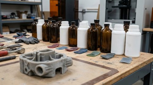 A row of 3D printing resin bottles and cured color sample coupons on a workbench, with a finished printed part in the foreground.